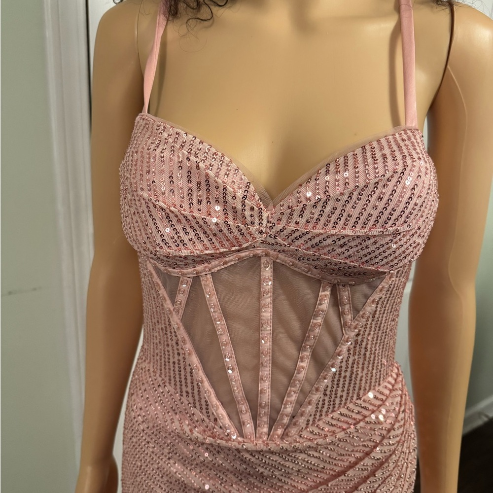 Blush Pink Sequin Prom Dress - Picture 2 of 6